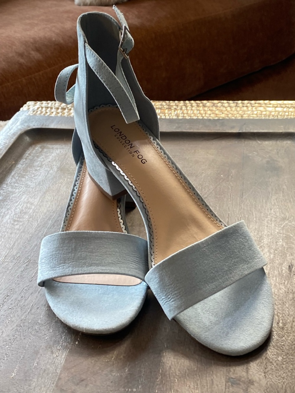 London Fog Light Blue Faux Suede NIKKI Block Heel Sandals - Picture 8 of 8